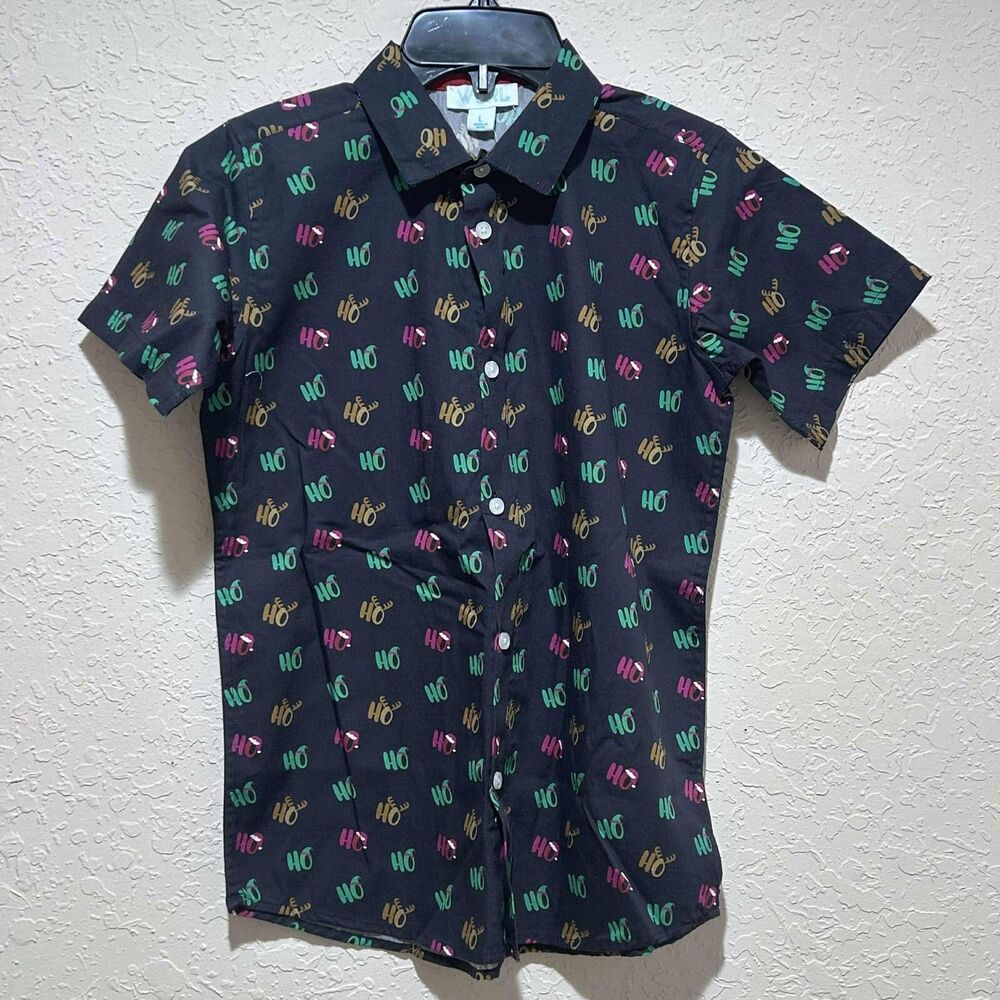 NEW Wurl Boys Size Large "Ho Ho Ho" Black Christmas Collared Shirt Cruise Youth
